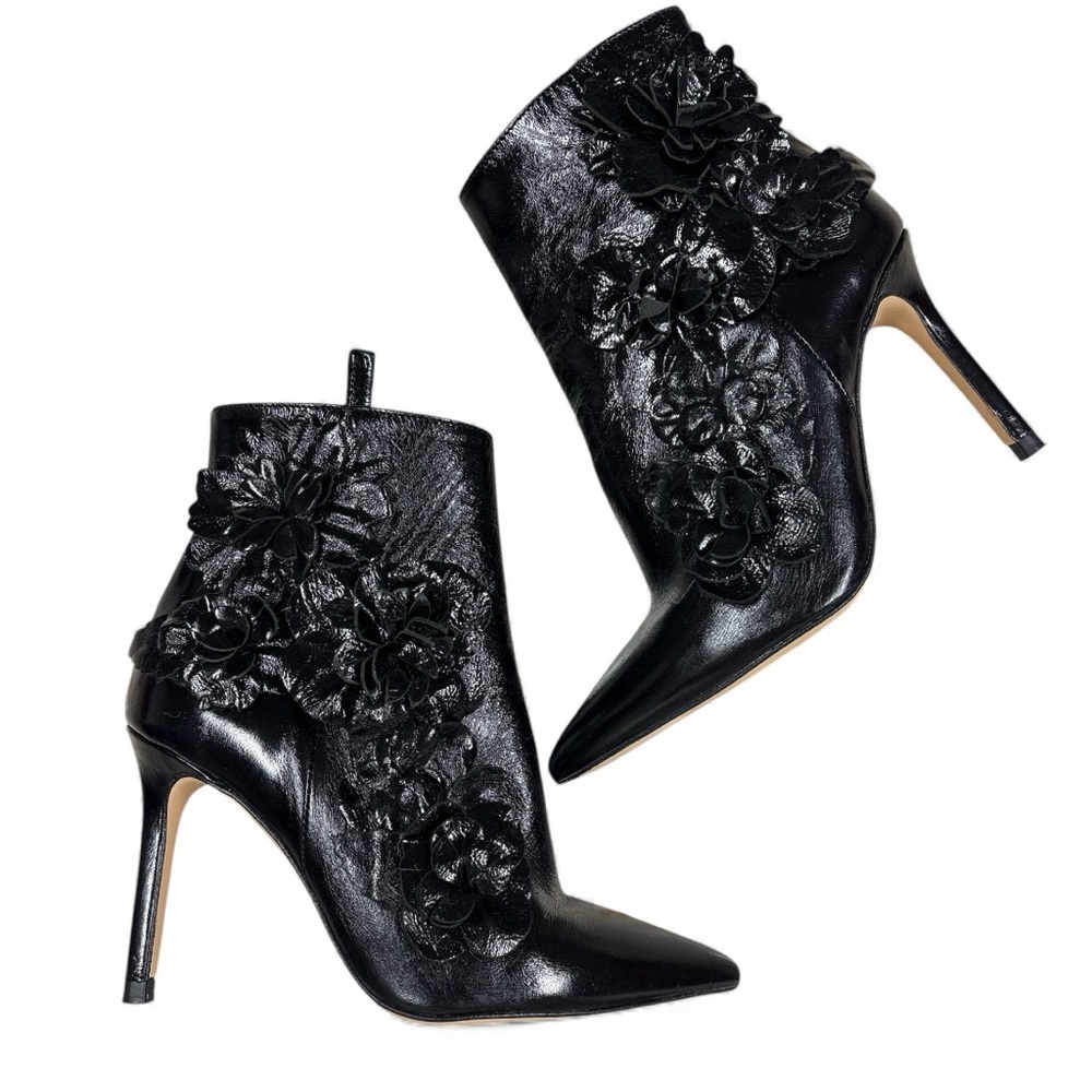 Zara Collection 3D Floral Ankle Boots Black Leather High Heel Stiletto Glam Sz 5 - Picture 1 of 13